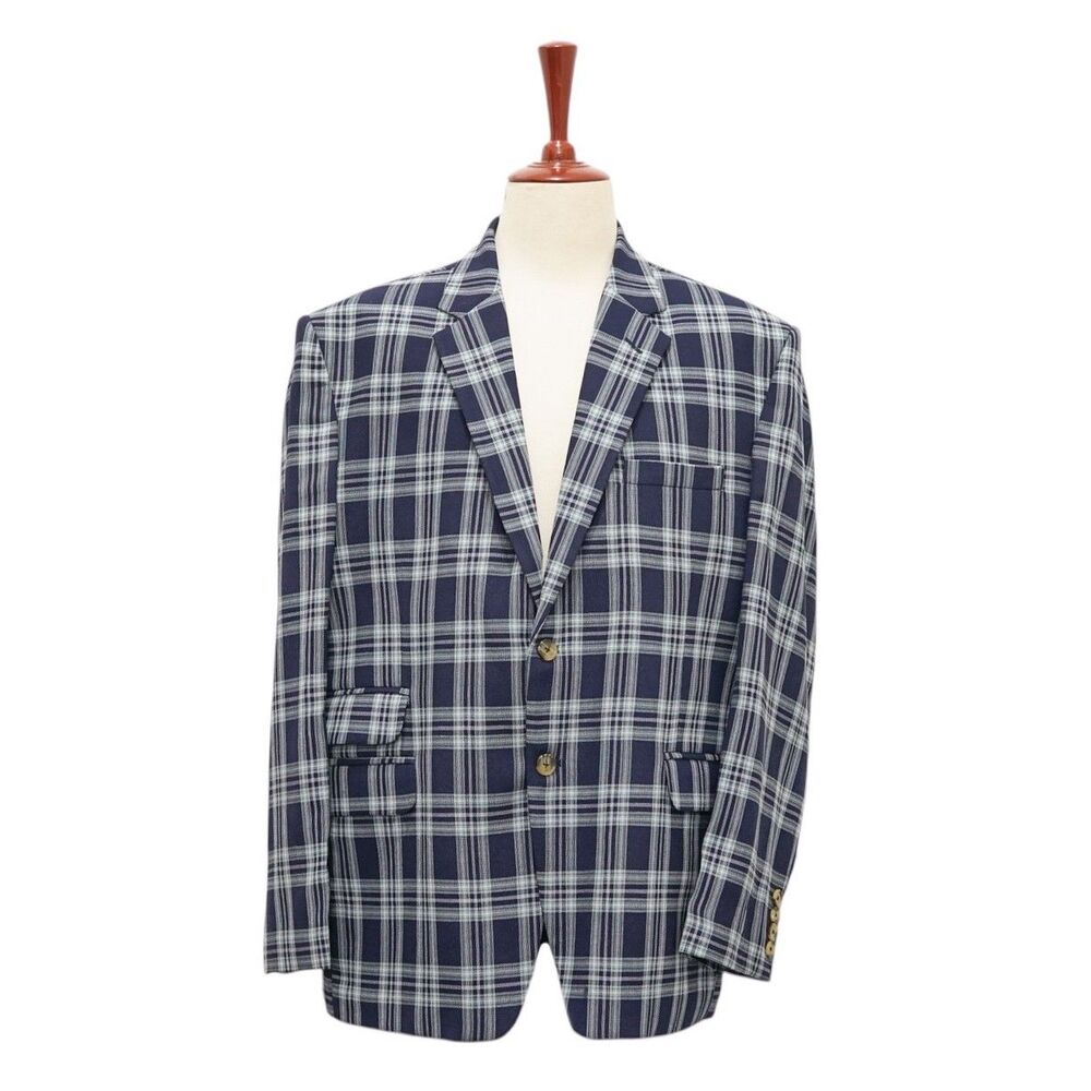 Mens 48R Navy Blue Green Plaid Cotton Blazer 2 Button Sport Coat Wedding Formal